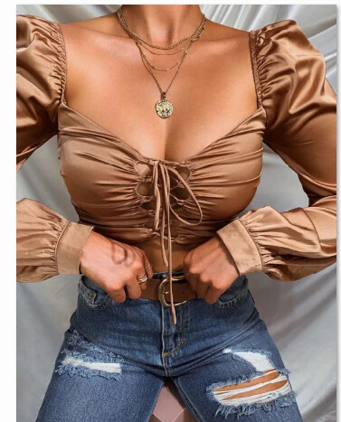 Miniatura: Women Sexy Crop Top, Female Solid Color Long Sleeve Deep V-neck Hollow-out