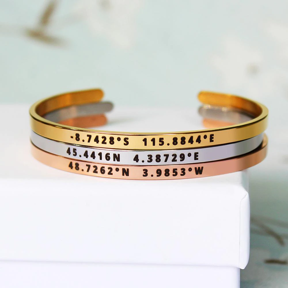 4mm Width Stainless Steel Custom Personalized Coordinate Bangles Laser Engrave