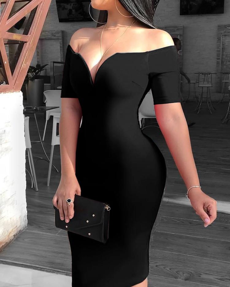 Miniaturbild: 2019 Female Sexy Deep V-neck Off Shoulder Bodycon Dress Women Short Sleeve Solid
