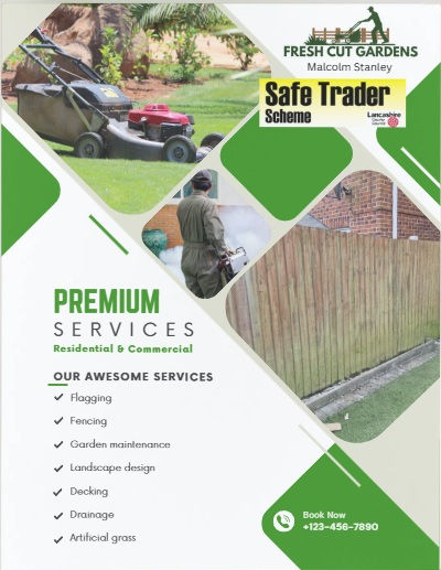Fresh Cut Gardens: Malcolm Stanley, providing premium residential and commercial lawn care services including flagging, fencing, garden maintenance, landscape design, decking, drainage, and artificial grass. Book now at +123-456-7890.
