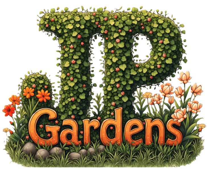 JP Gardens: Logo with letters 'JP' made of lush greenery and flowers.