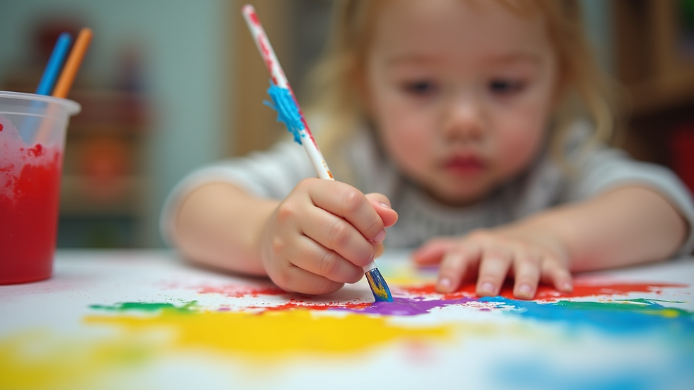 Close-up view of a child’s hands painting with bright colors in a daycare classroom