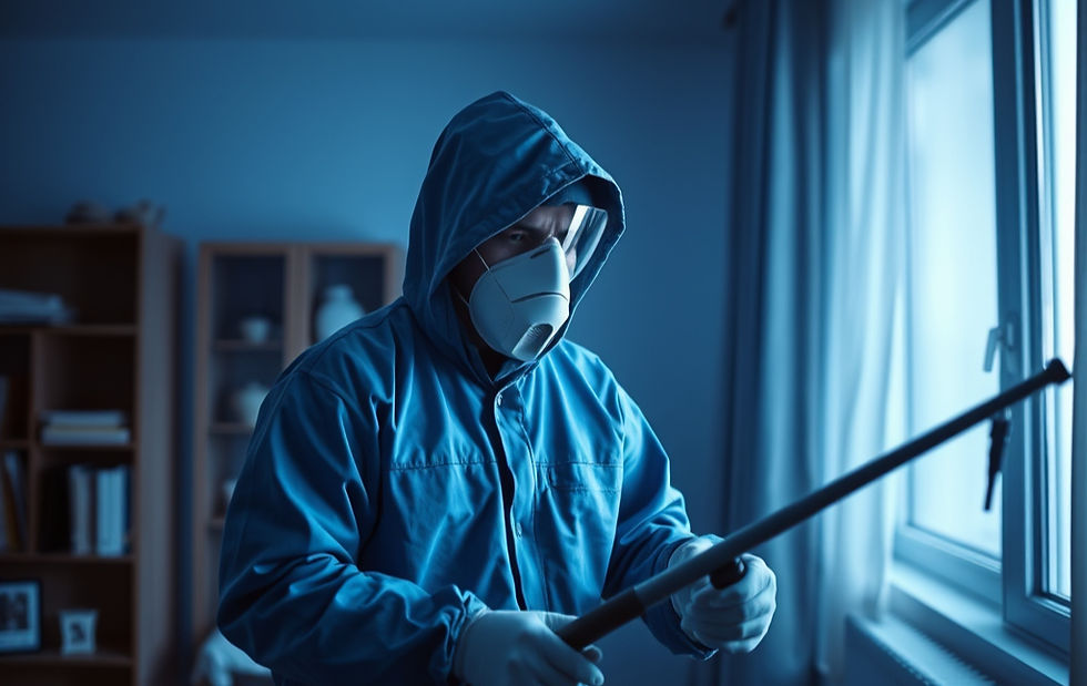 Create a realistic image of a pest control worker working in an apartment. The atmosphere 