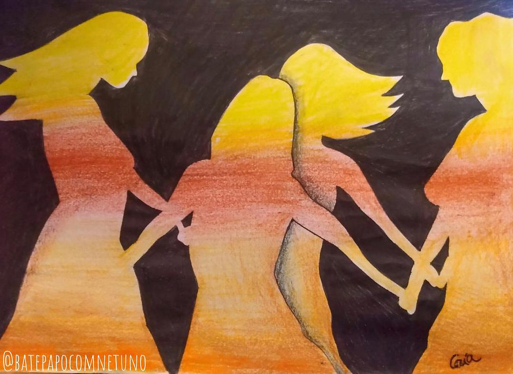 Drawing of women dancing in a circle holding each other’s hands.