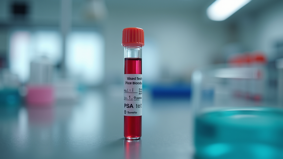 Close-up view of a blood test vial labeled PSA test in a clinical laboratory