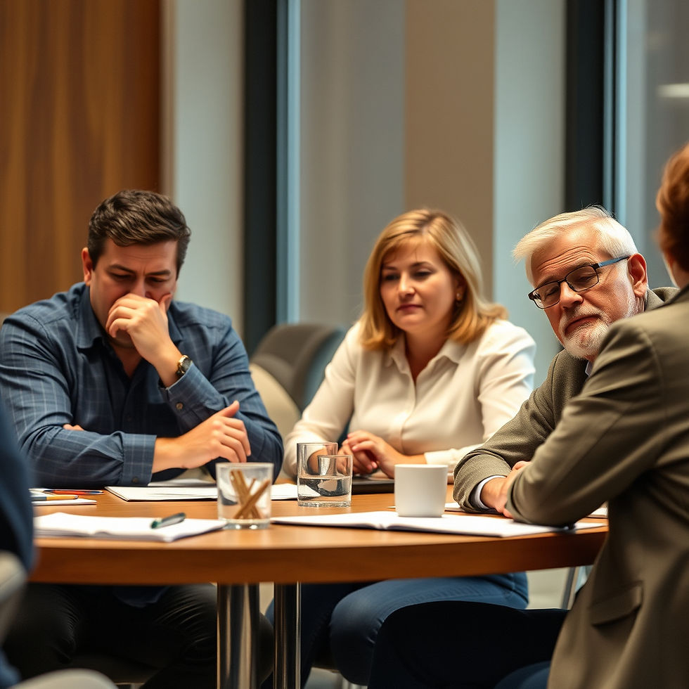 adults looking fatigued in a meeting.
