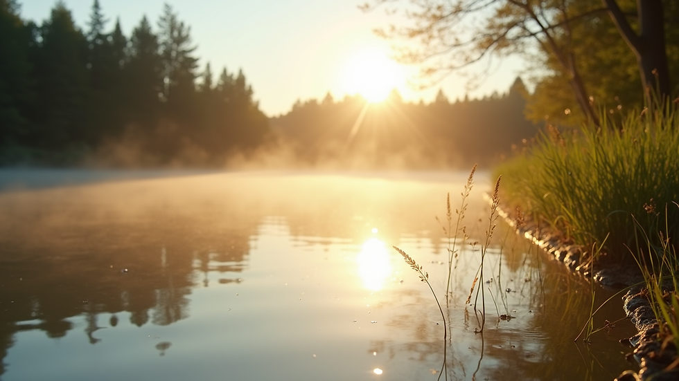 Eye-level view of a peaceful lakeside with morning sunlight