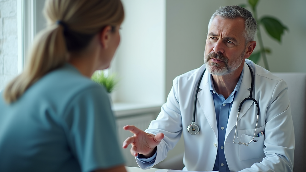 Eye-level view of a medical professional discussing hormone therapy options with a patient