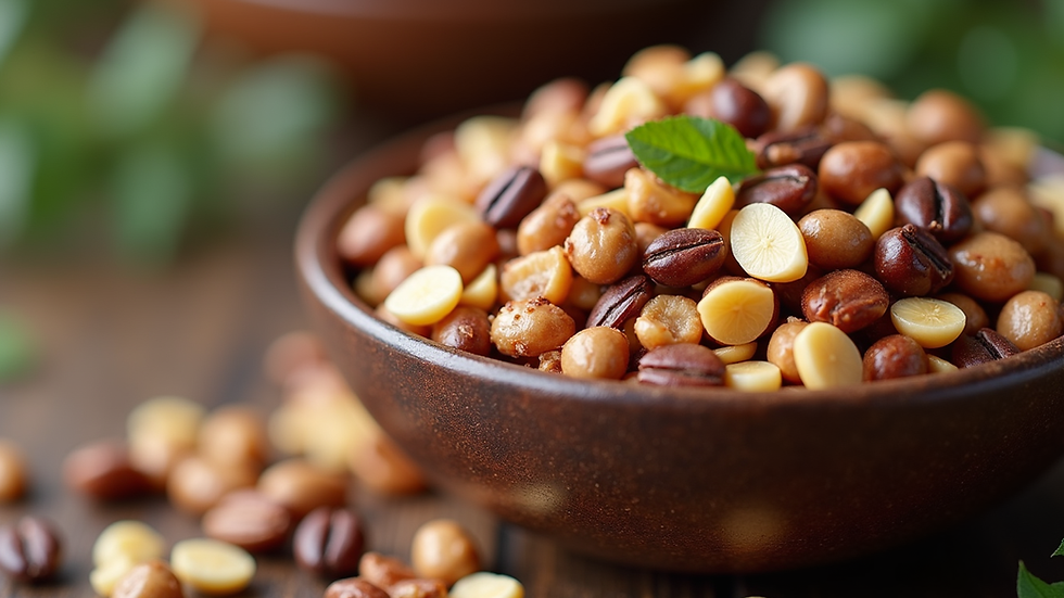 Close-up view of a colorful bowl of mixed nuts and seeds