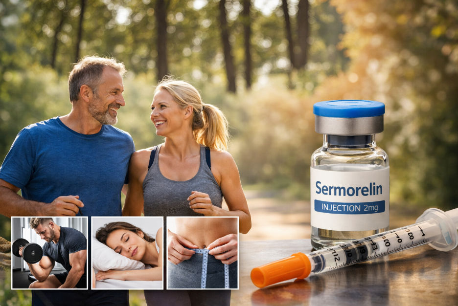man an woman exercising. Graphic highlights the effects of Sermorelin with increased muscle mass and improved sleep highlighted.