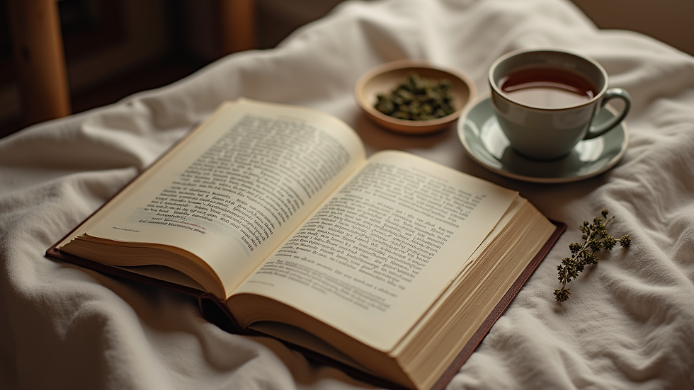 High angle view of a cozy home setting with herbal tea and a book
