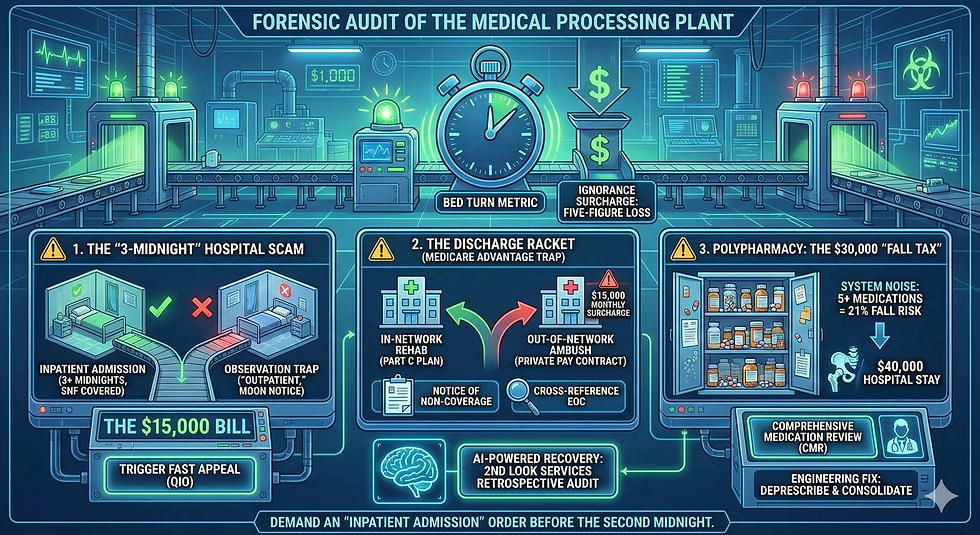 Futuristic infographic shows a "Forensic Audit of the Medical Processing Plant." Highlights scams: hospital, discharge, polypharmacy. Text and icons illustrate financial impact.