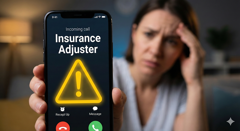 Person holds phone showing "Insurance Adjuster" call with warning symbol, looks stressed. Background is a dimly lit room with a lamp.
