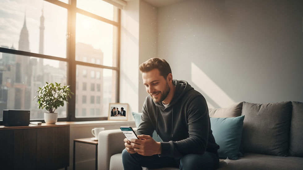 Man smiling at phone in bright living room with city view. Sunlit, cozy atmosphere. Green plant, framed photo, and a blue cushion present.