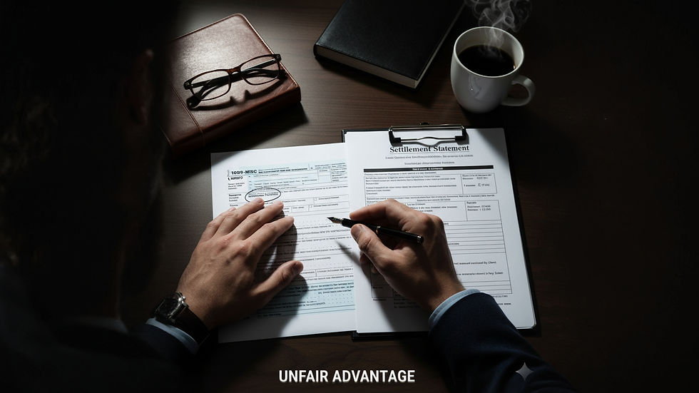 Hands filling out tax forms on a desk with glasses, books, and coffee. Dim lighting creates a focused mood. Text reads "UNFAIR ADVANTAGE".
