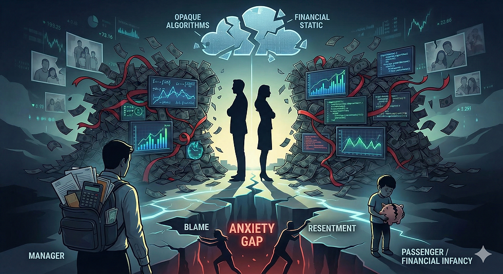Silhouetted figures stand on a cracked ground labeled "Anxiety Gap." Surrounding are screens, dollar bills, and graphs. Text reads "Opaque Algorithms," "Financial Static," "Blame," "Resentment." A person labeled "Manager" carries a backpack, while a child labeled "Passenger/Financial Infancy" holds a piggy bank. The mood is tense and futuristic.