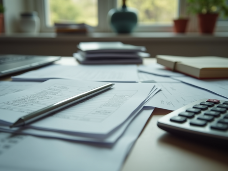 Eye-level view of a cluttered desk with unpaid bills and a calculator