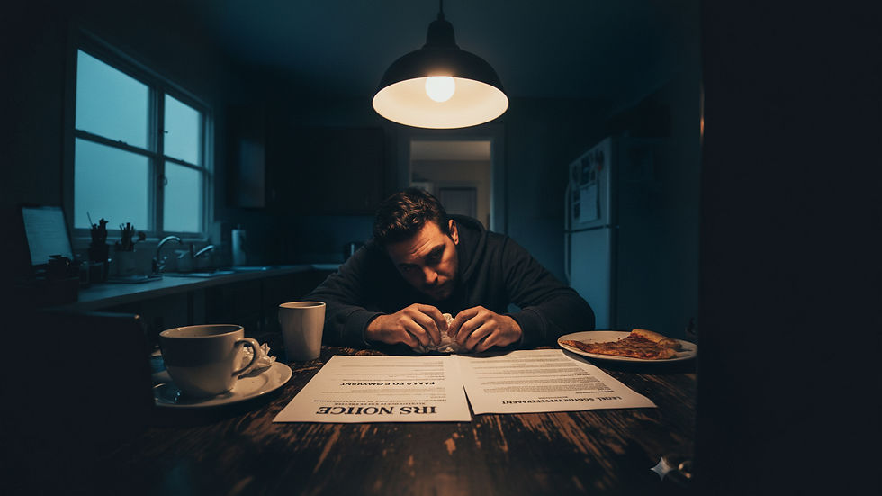 Man sits at a dimly lit kitchen table with bills labeled "IRS Notice." Expressions of worry, cups, and pizza surround him. Quiet mood.