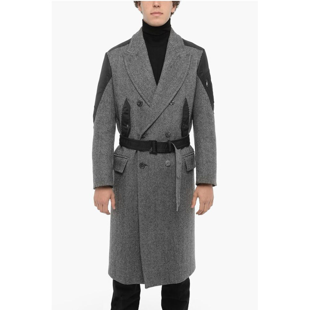 Neil Barrett Herringbone Motif Virgin Wool Double Breast Coat With Belt