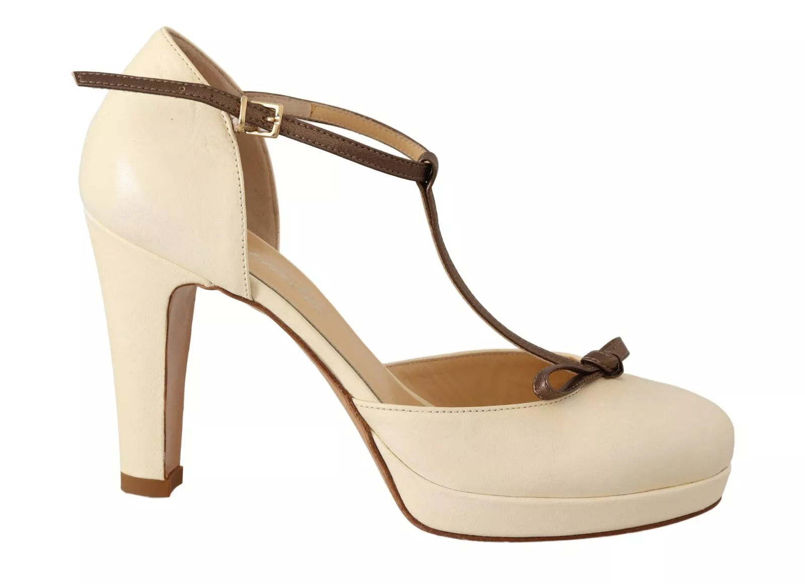 SERGIO LEVANTESI Off White Leather T-Strap Heels Sandals Shoes