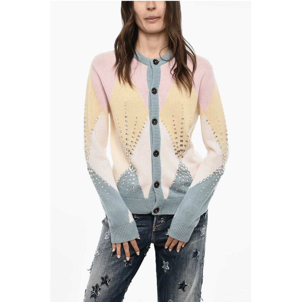 Dsquared² Color Block Virgin Wool Cardigan with Jewels