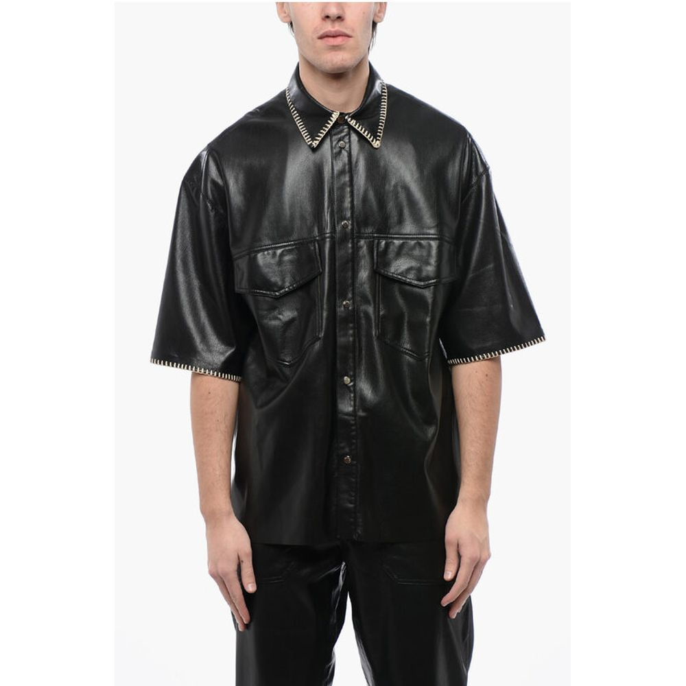 Nanushka Short Sleeved Faux Leather Shirt with Raffia Stitching