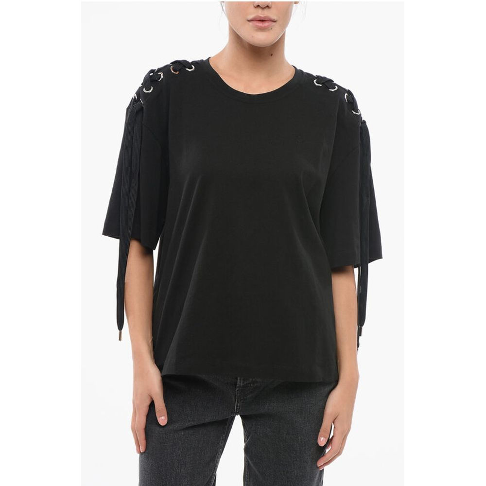 PINKO Cotton Crew-neck T-shirt with Lace Up Details