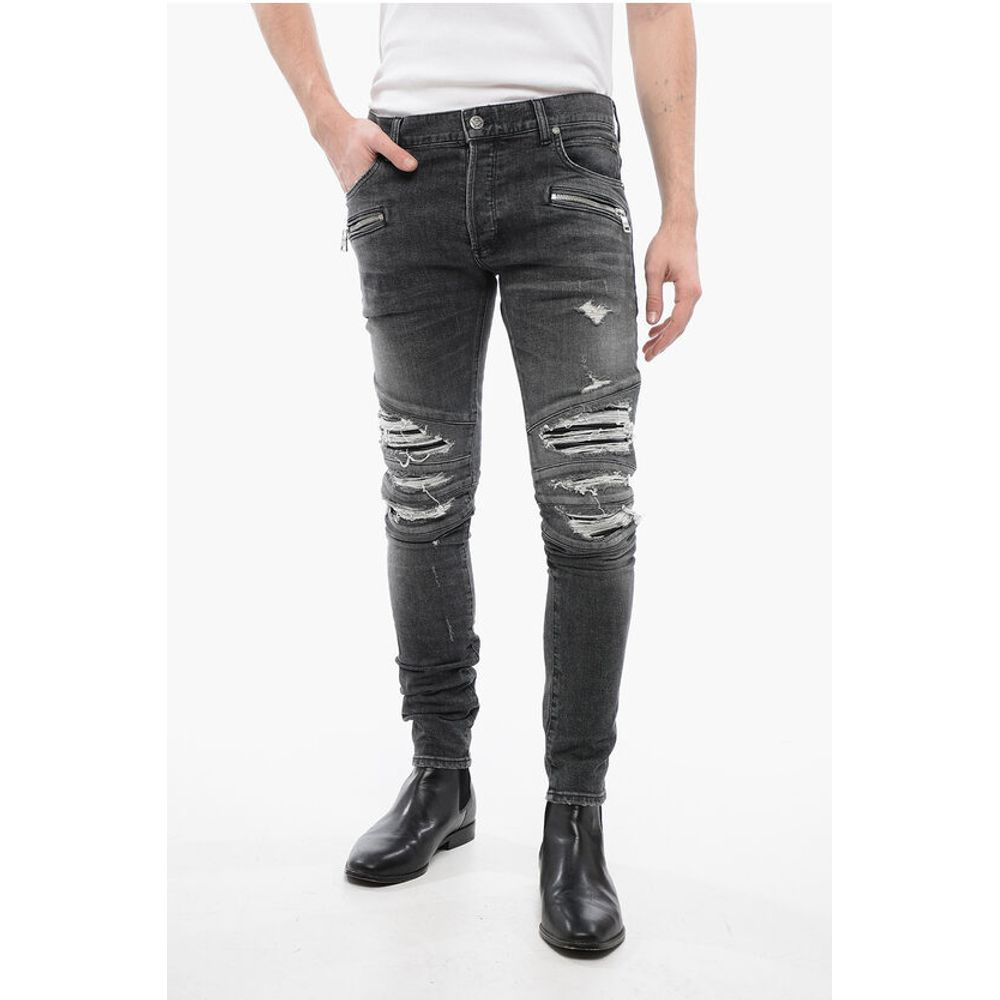 Balmain Multipocketed Distressed Denims with Leather Biker Inserts 1