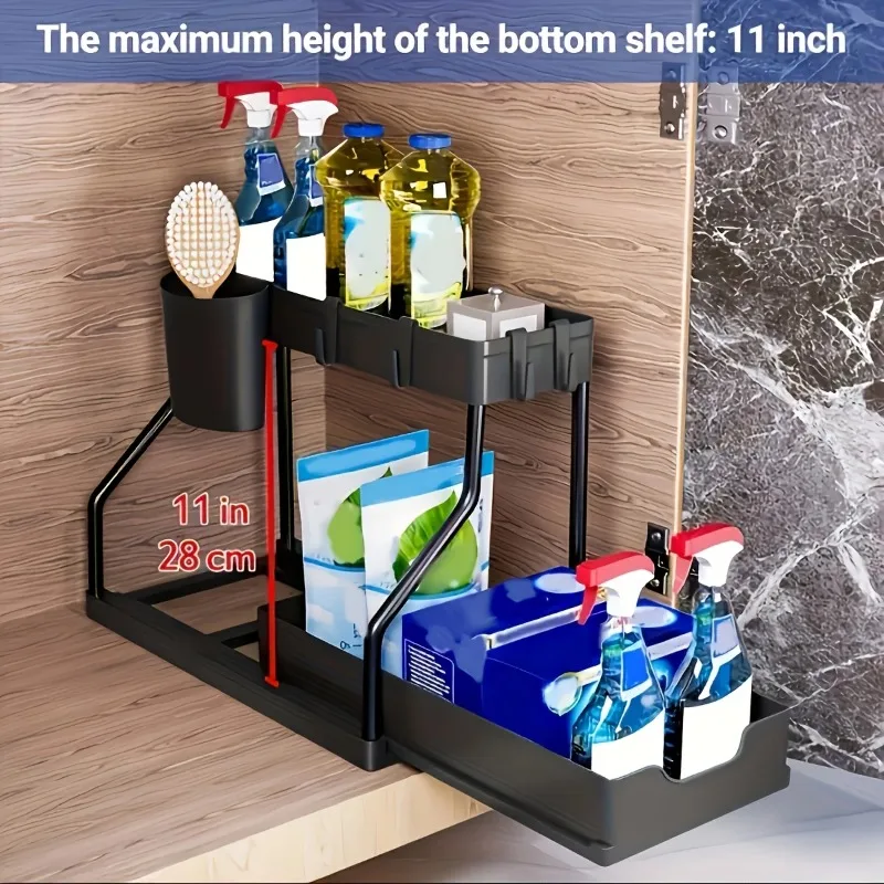 Thumbnail: 2-Tier Sliding Under Sink Organizer Multifunctional Space-Saving Bathroom Cabine