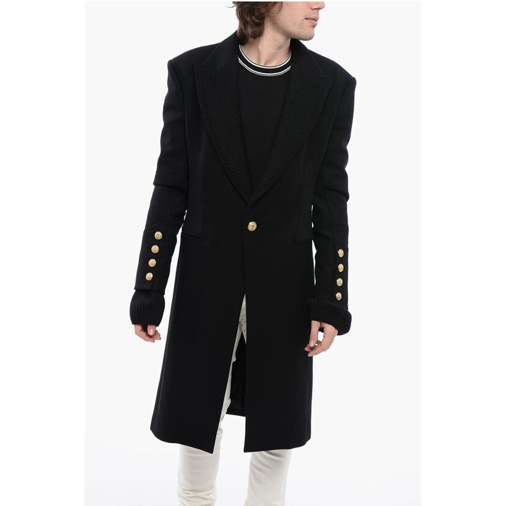Balmain Virgin Wool Blend Coat with Ribbed Knitted Details