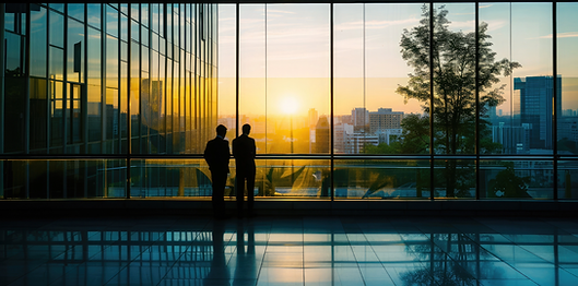 Two men looking out the window at a modern office