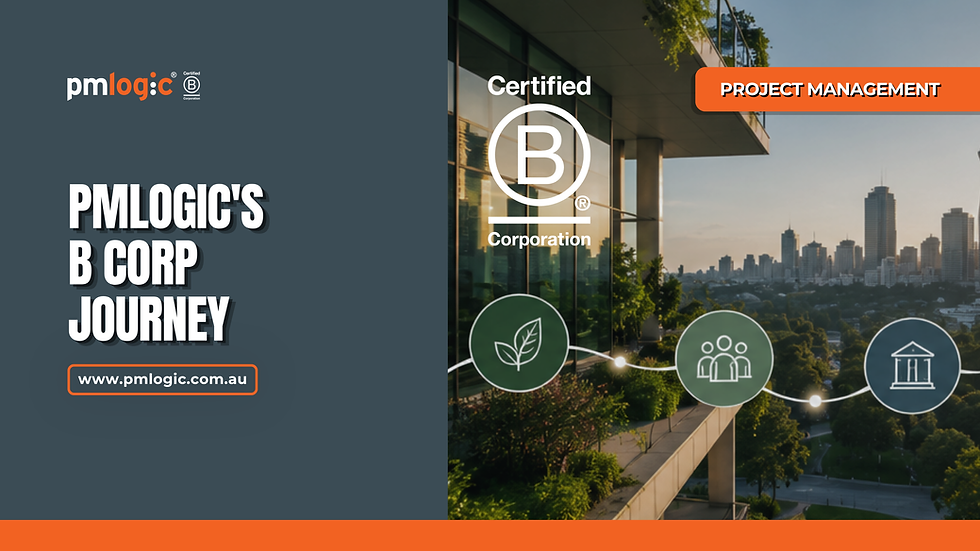PMLogic's B Corp journey illustrating sustainable project delivery, environmental responsibility, governance, and community impact through purpose-driven business practices.