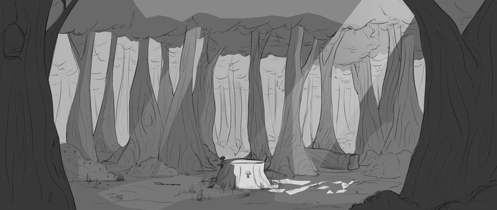 a black and white drawing of a forest with trees and stump