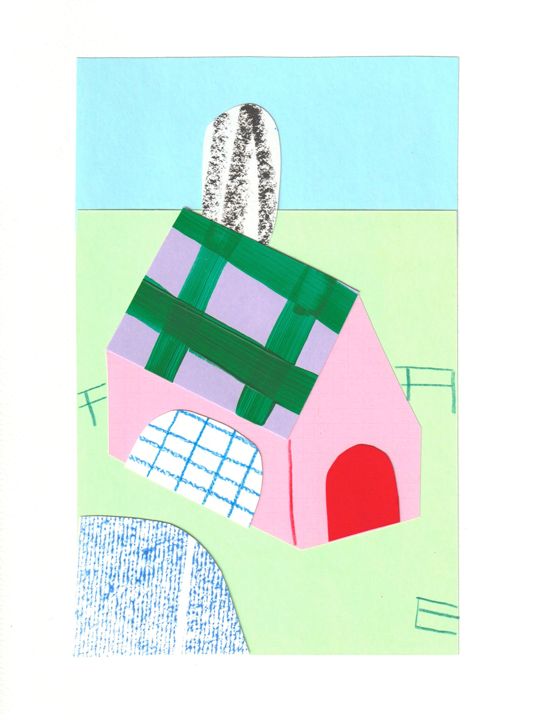 Maison rose avec lac