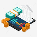 image with a bar chart, stack of money, stacks of coins