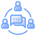 simple image. three people in a circle connected by arrows, with chat bubbles between them