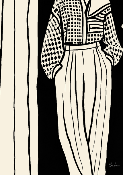 Illustration black and white, wall decor, digital art print, woman standing with pant and oversize blouse, fine art print. 