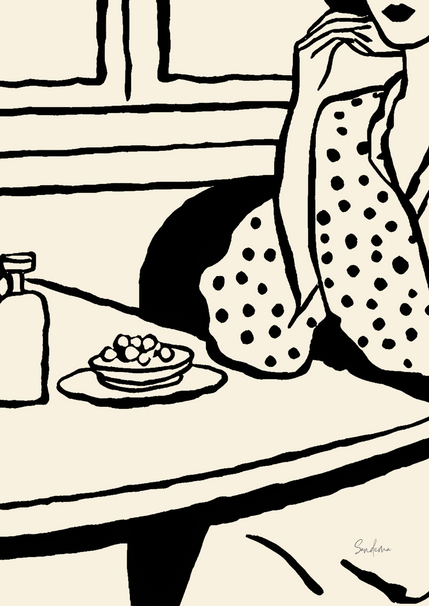 Café Colette, Paris, Illustration black and white, wall decor, digital art print, elegant woman sitting at the parisian coffee wearing dots blouse , fine art print. 

