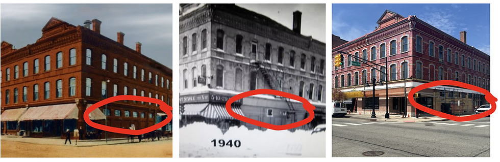 From left to right, you can see the windows facing Sussex Street in an earlier image, then see them disappear with the arrival of the fire exit, and now finally having been restored with West Morris Capital's ongoing renovation.