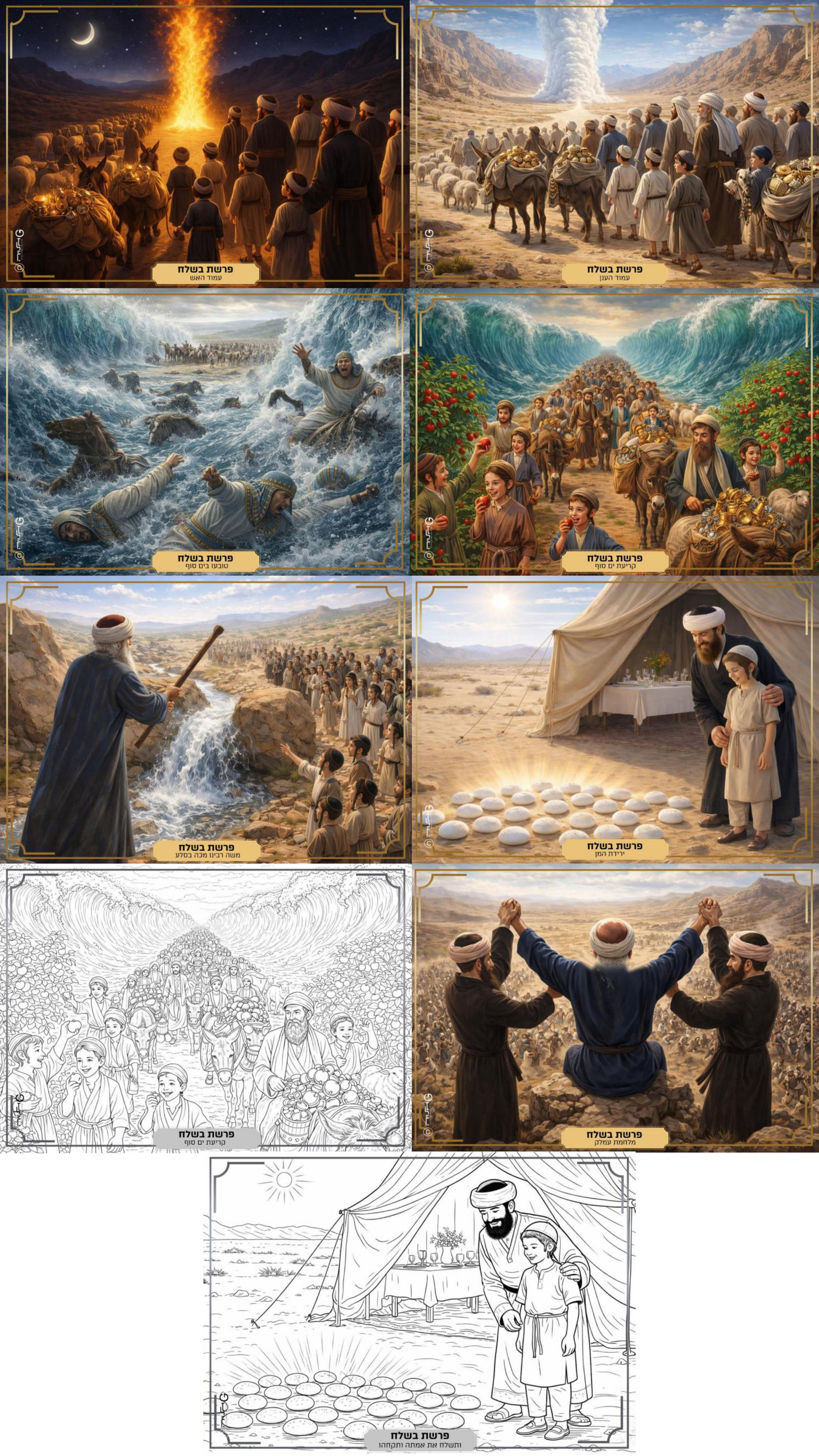 חבילת תמונות לפרשת שבוע פרשת בשלח+2 דפי צביעה