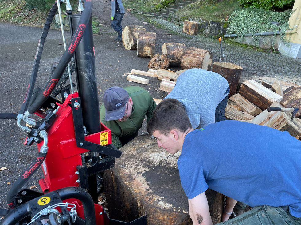Mitarbeiter der sozialen Einrichtung spaltet Holz mit einer Axt. Körperliche Aktivität als Teil der täglichen Aufgaben.