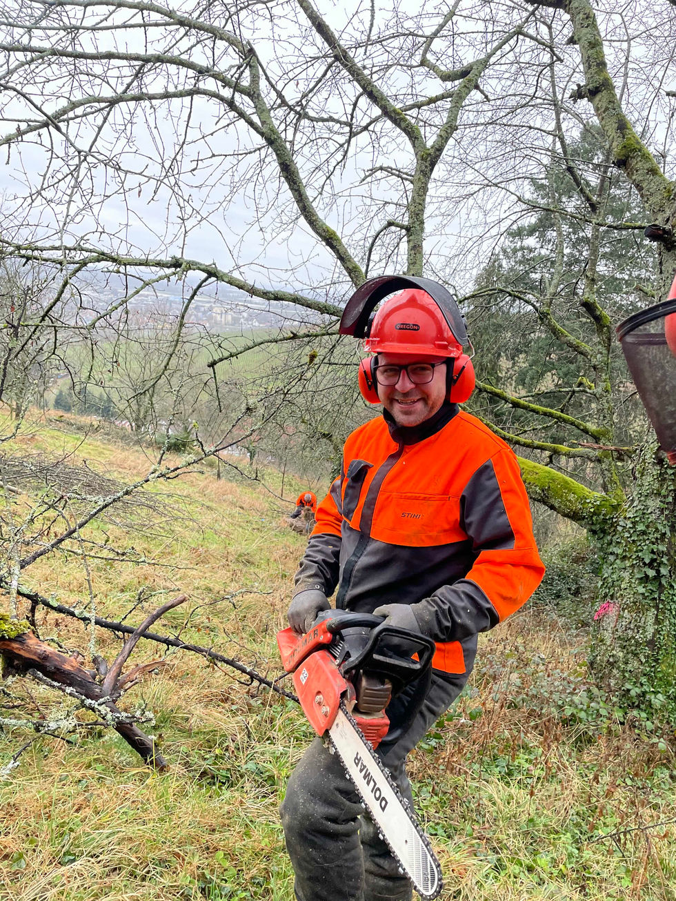 Mitarbeiter der Drogenhilfe Weitblick bei der Arbeit mit der Kettensäge. Präzise Holzarbeiten zur Pflege des Waldes.