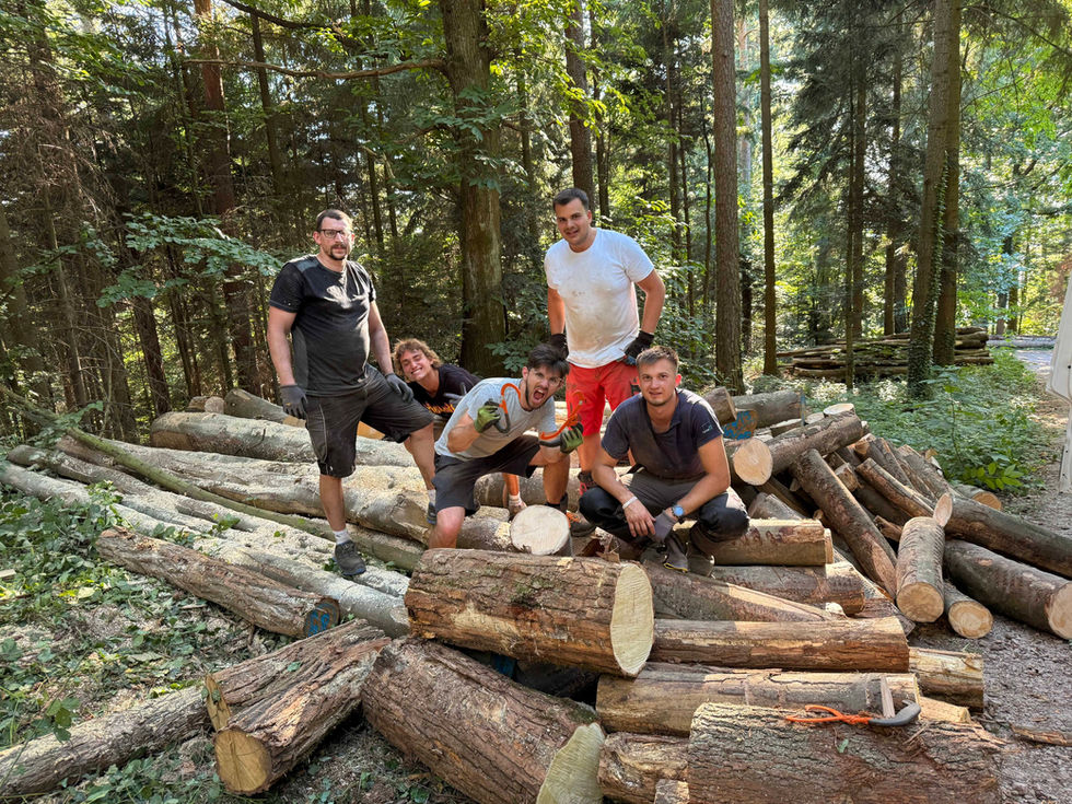 Helfer sägen, transportieren und spalten Holz im Wald, stapeln die Meterstücke ordentlich auf. Abends sitzen alle gemütlich beisammen und essen Flammkuchen am Feuer.