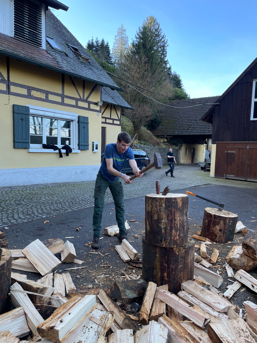 Axt im Einsatz bei der sozialen Einrichtung zur Holzverarbeitung. Traditionelle Methoden zur Förderung der Selbstdisziplin.