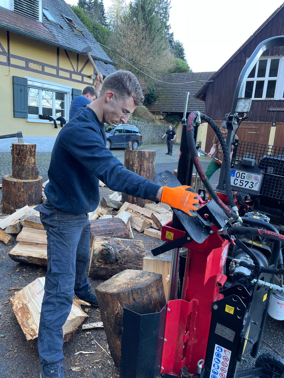 Aufgestapeltes Holz als Ergebnis der Arbeit bei der Gefährdetenhilfe. Sorgfältige Lagerung für die Wintermonate.