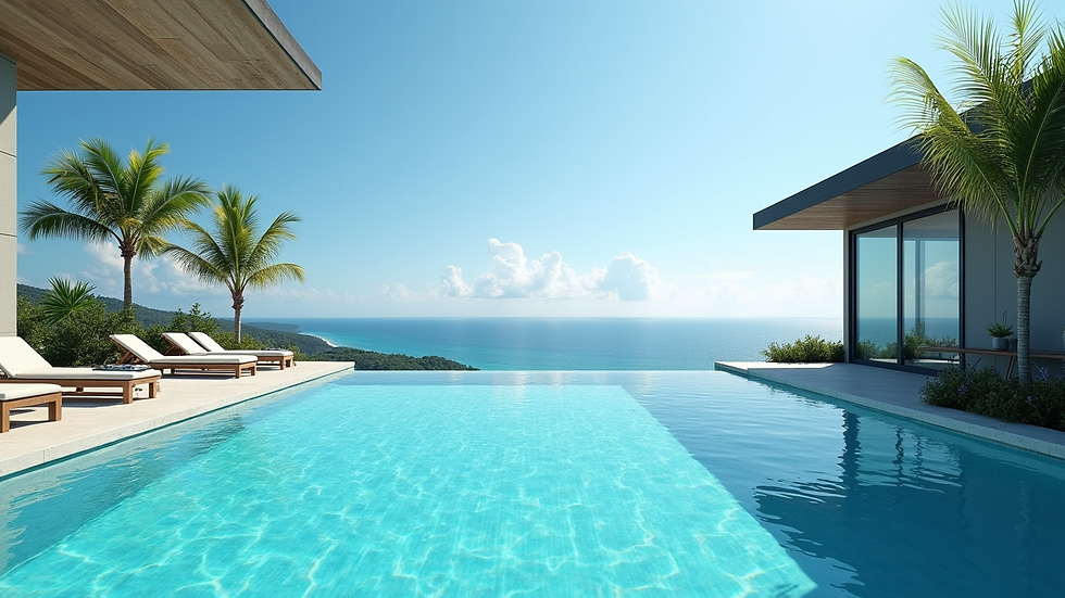 Wide angle view of a Caribbean villa infinity pool overlooking the ocean