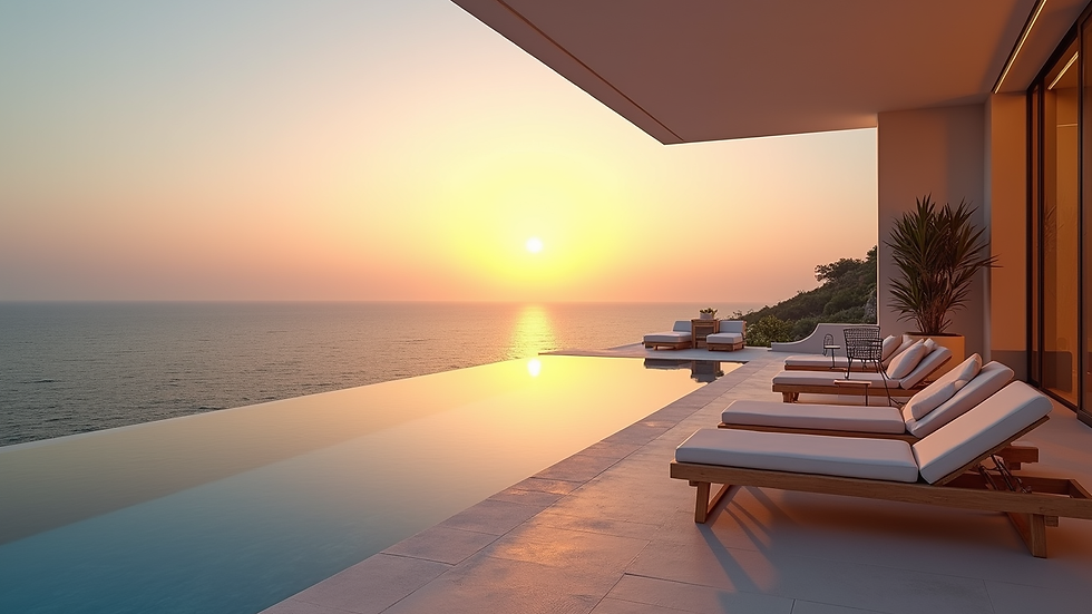 Wide angle view of a private villa terrace overlooking the ocean at sunset