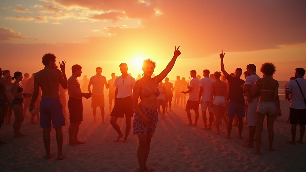 Wide angle view of a vibrant beach party at sunset