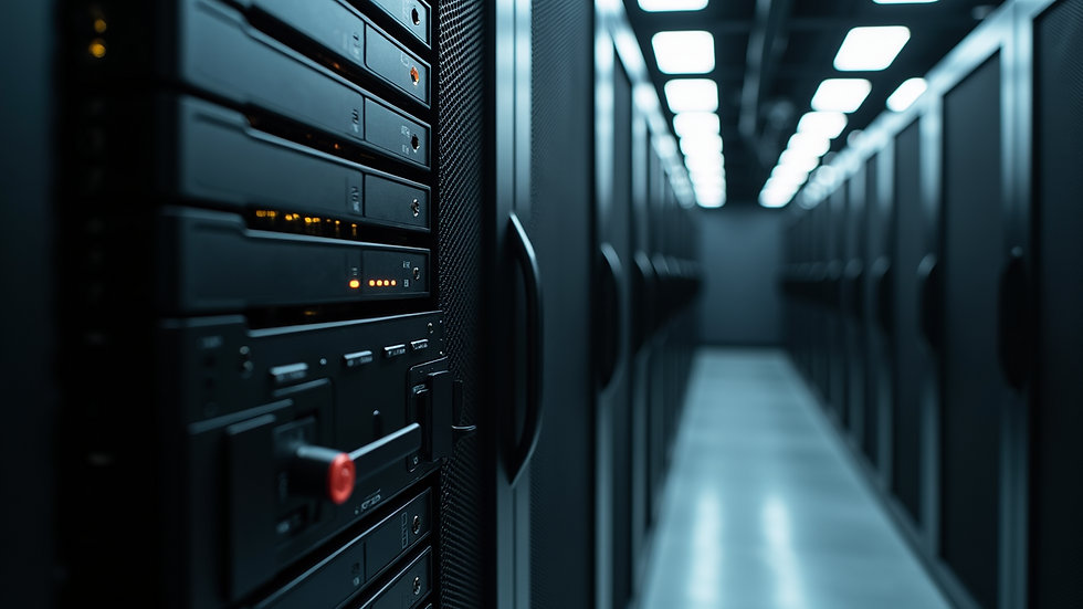 Eye-level view of a Greenvex Power UPS unit installed in a server room rack