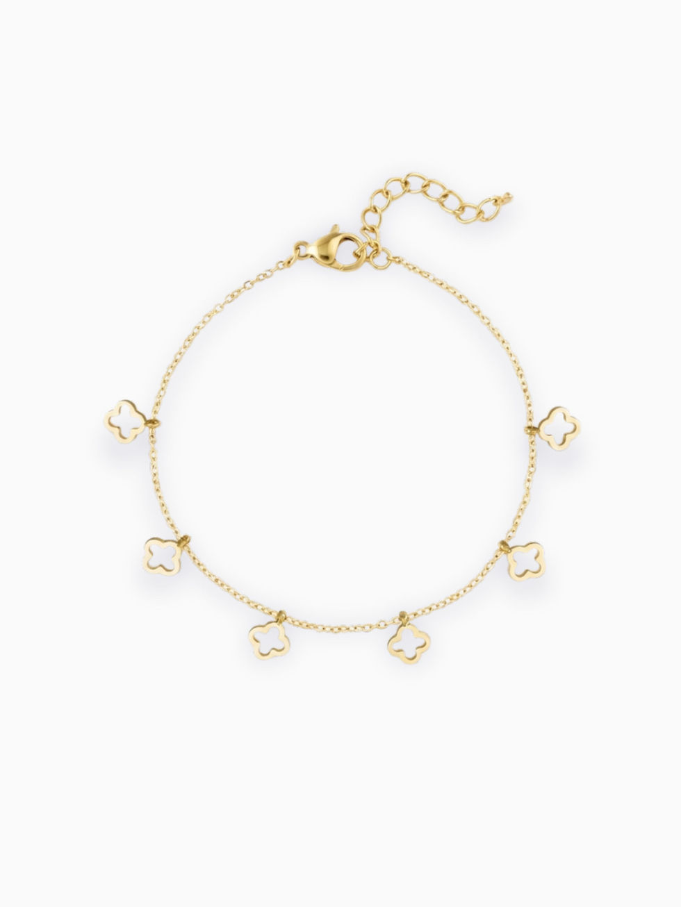 Zartes Goldarmband mit funkelnden rechteckigen Anhängern auf weißem Hintergrund.